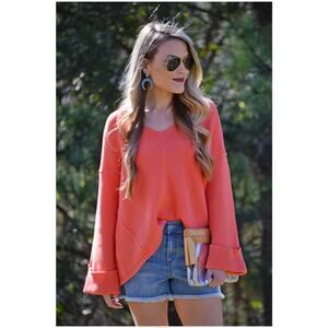 Free People La Brea Slouchy Oversized V-Neck Sweater Sz L Coral Boho Lagenlook